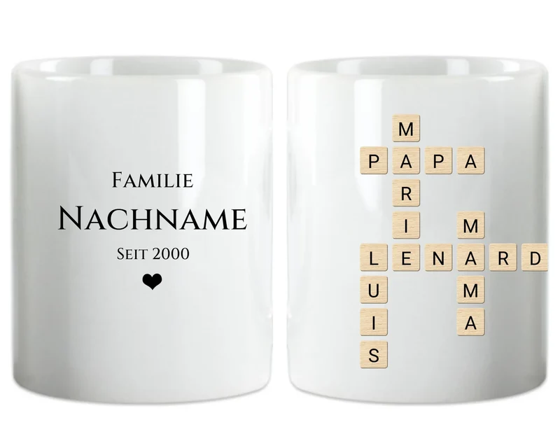Scrabble Tasse personalisiert – Geschenkidee im Kreuzworträtsel-Design mit Namen