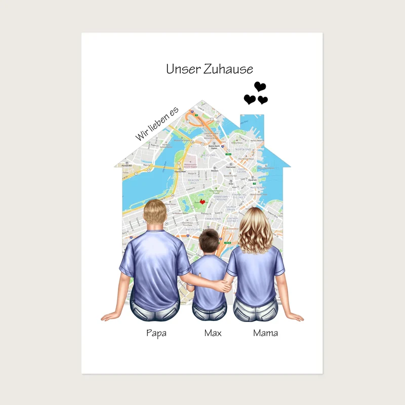 Unser Zuhause Familienbild Eltern mit 1 Kind Poster als Einzugsgeschenk in Wohnung, Haus