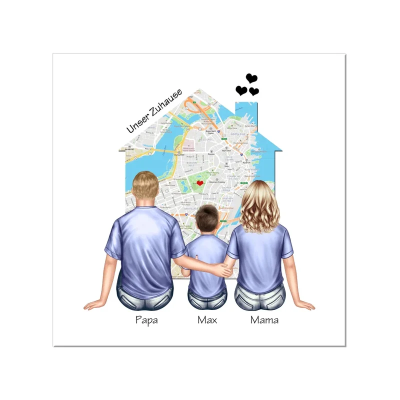 Unser Zuhause Familienbild Eltern mit 1 Kind Poster als Einzugsgeschenk in Wohnung, Haus