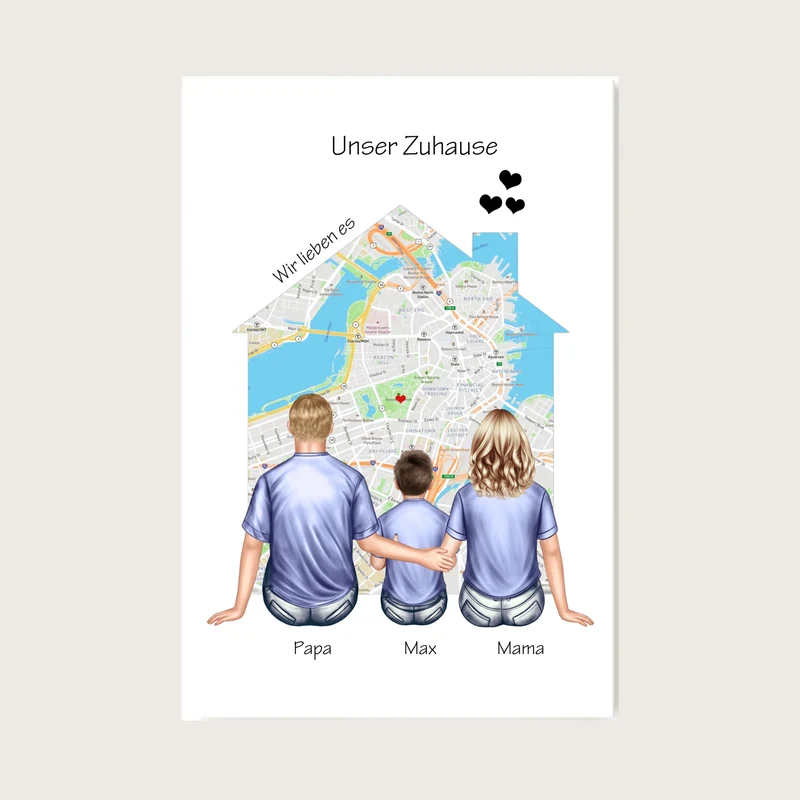 Unser Zuhause Familienbild Eltern mit 1 Kind Poster als Einzugsgeschenk in Wohnung, Haus