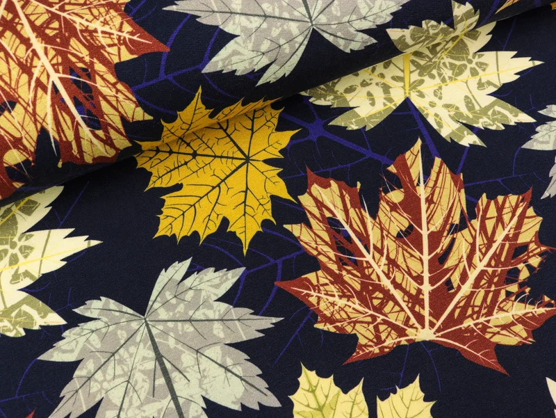 Reststück 43cm - Baumwollsweat Toronto Herbstlaub bunt auf Dunkelblau