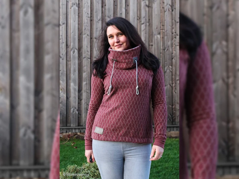 Reststück 22cm - Jacquard Jersey Cozy Rauten grau auf Bordeaux by Lycklig Design