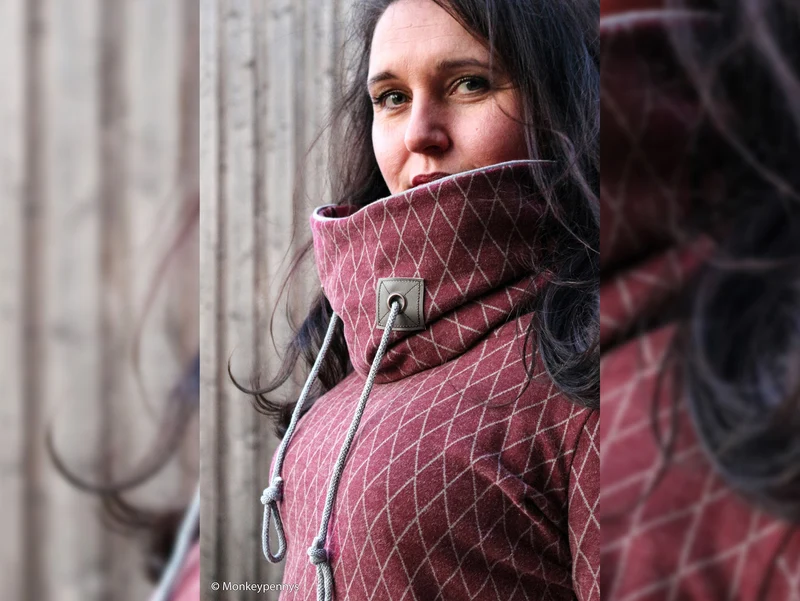 Reststück 22cm - Jacquard Jersey Cozy Rauten grau auf Bordeaux by Lycklig Design