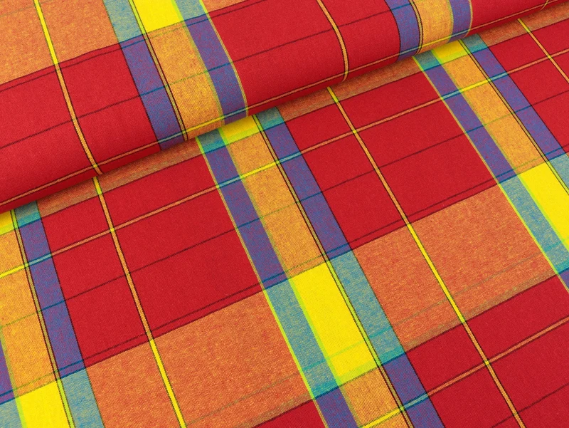 Reststück 34cm - Baumwollwebware Madras Checks rot-lila-orange-gelb-türkis kariert