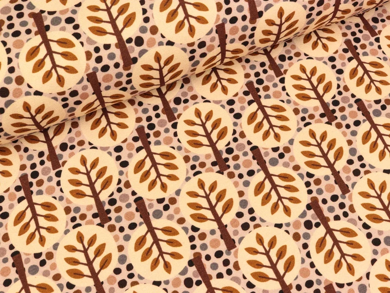 Reststück 12cm - Steinbeck Baumwolljersey Woody Bäume und Tupfen bunt auf Dunkelbeige