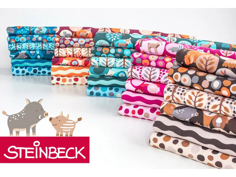 Reststück 12cm - Steinbeck Baumwolljersey Woody Bäume und Tupfen bunt auf Dunkelbeige