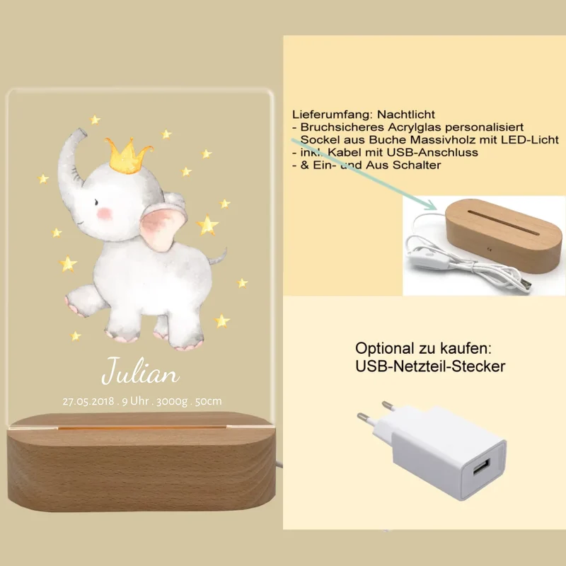 Personalisiertes Acryl Nachtlicht für Babys | Geschenk zur Geburt & Taufe Junge mit Namen & Geburtsdaten