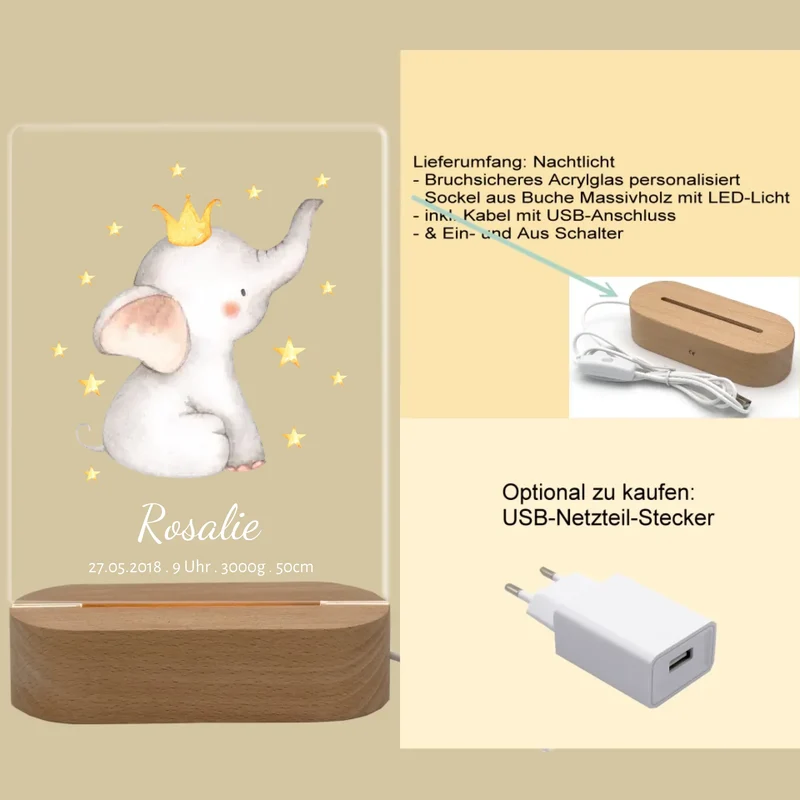 Personalisiertes Acryl Nachtlicht für Babys | Geschenk zur Geburt & Taufe Mädchen mit Namen & Geburtsdaten