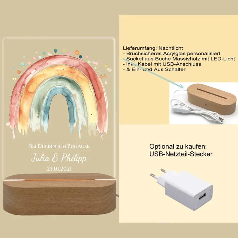 Personalisiertes Acryl Nachtlicht Geschenk ''Regenbogen' - Valentinstag Geschenk