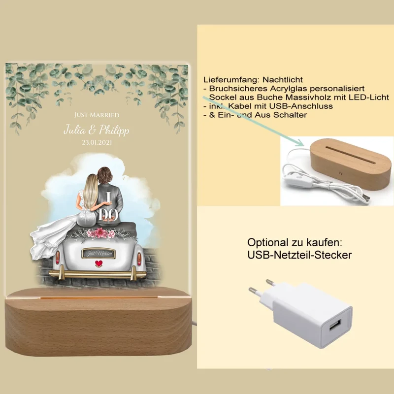 Personalisiertes Acryl Nachtlicht Geschenk ''Just Married'' - Hochzeitsgeschenk für das Brautpaar