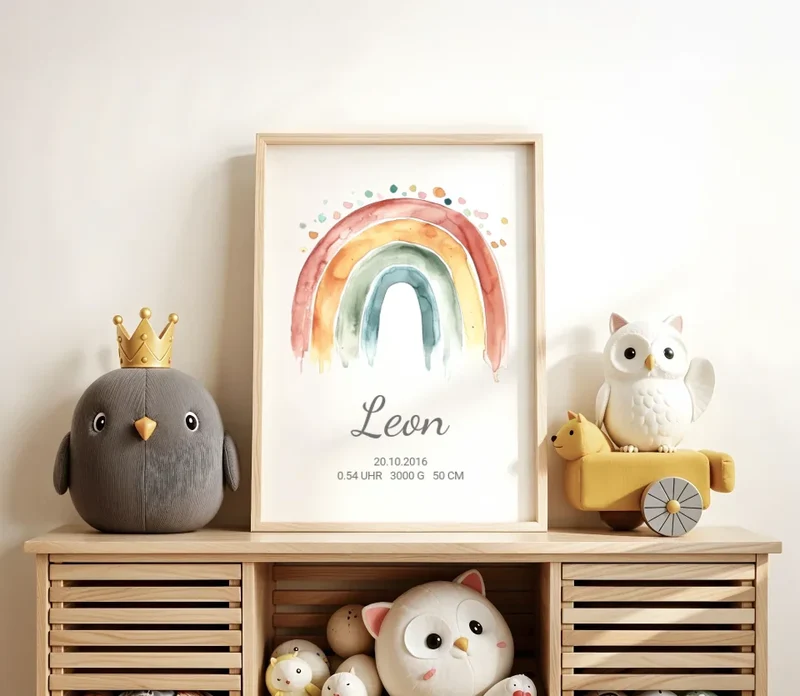 Personalisiertes Poster Geschenk zur Geburt und Taufe | Regenbogen Geburtsanzeige & Taufgeschenk