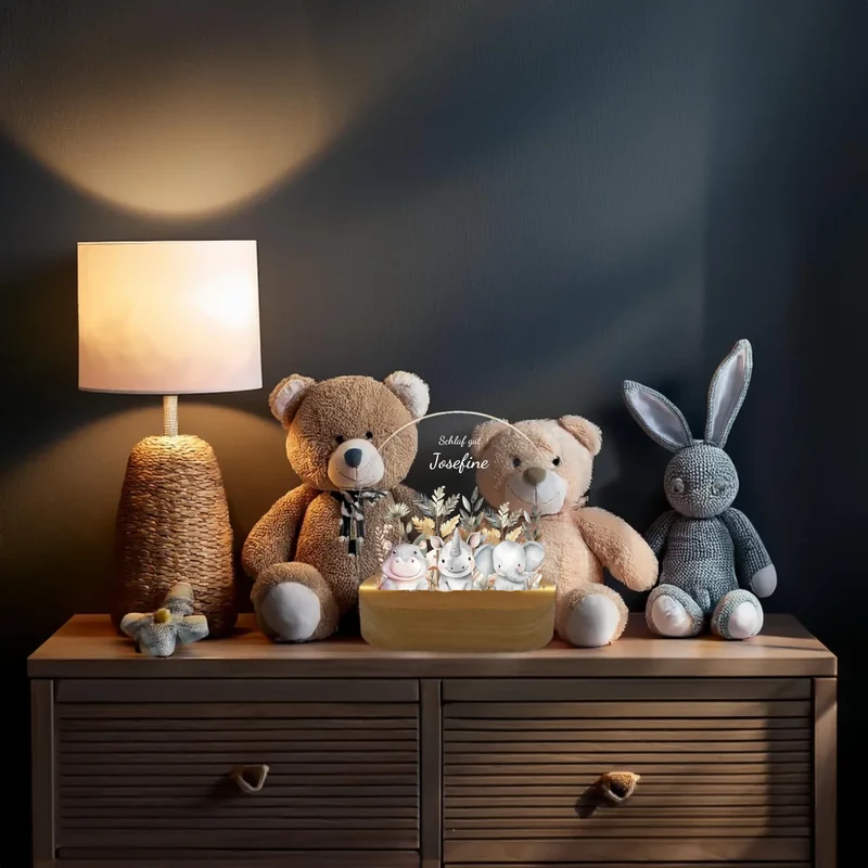 Personalisiertes Baby & Kinder Nachtlicht 1-3 Lieblingstiere Safari mit Namen Geburtsgeschenk & Taufgeschenk