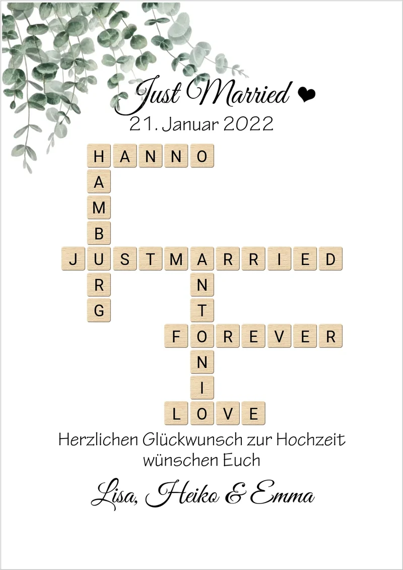 Personalisiertes Hochzeitsgeschenk im Scrabble Style mit Namen - Just Married