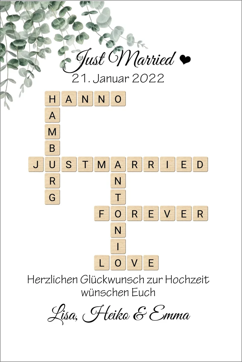 Personalisiertes Hochzeitsgeschenk im Scrabble Style mit Namen - Just Married