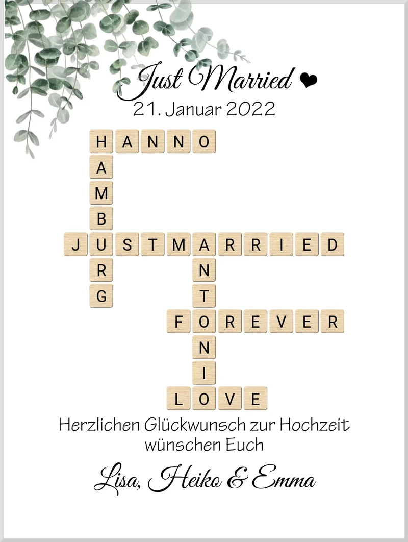 Personalisiertes Hochzeitsgeschenk im Scrabble Style mit Namen - Just Married