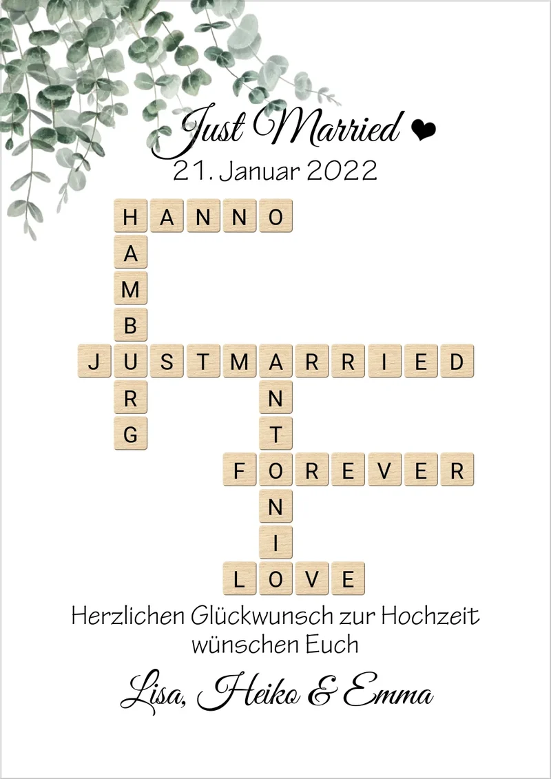 Personalisiertes Hochzeitsgeschenk im Scrabble Style mit Namen - Just Married