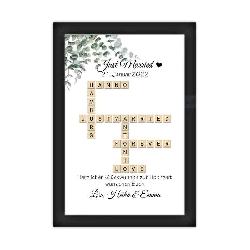 Personalisiertes Hochzeitsgeschenk im Scrabble Style mit Namen - Just Married