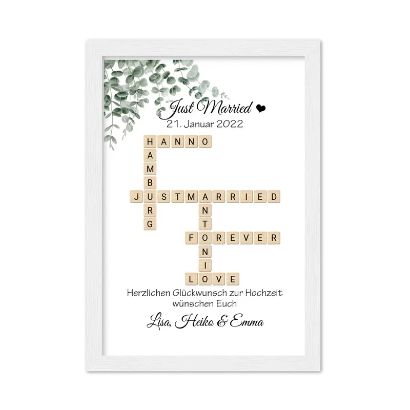 Personalisiertes Hochzeitsgeschenk im Scrabble Style mit Namen - Just Married