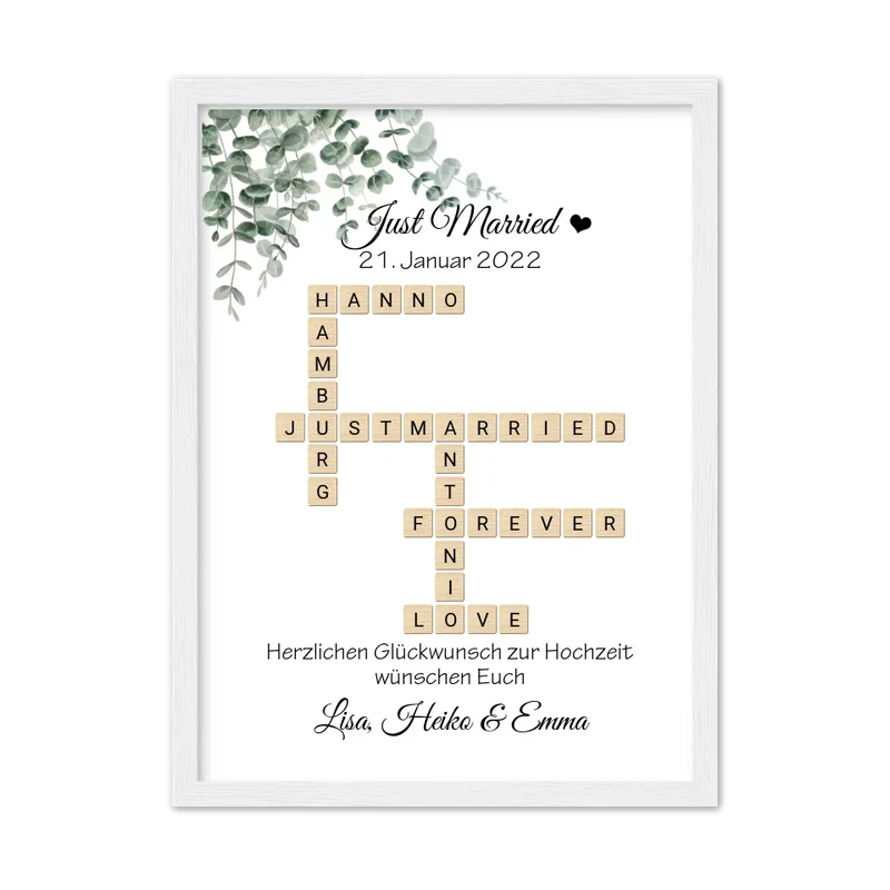 Personalisiertes Hochzeitsgeschenk im Scrabble Style mit Namen - Just Married