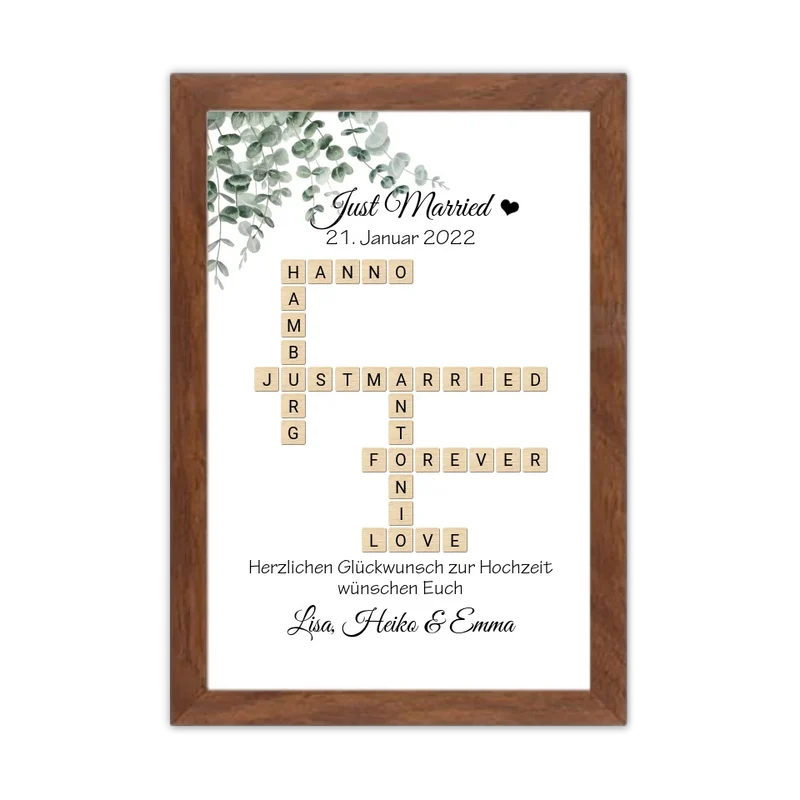 Personalisiertes Hochzeitsgeschenk im Scrabble Style mit Namen - Just Married