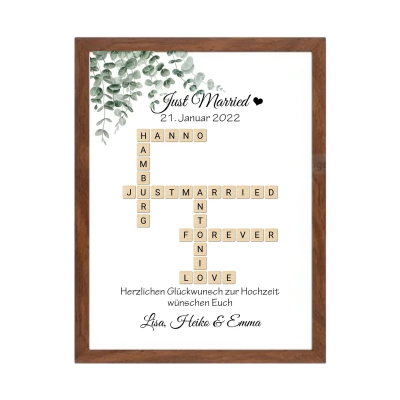 Personalisiertes Hochzeitsgeschenk im Scrabble Style mit Namen - Just Married