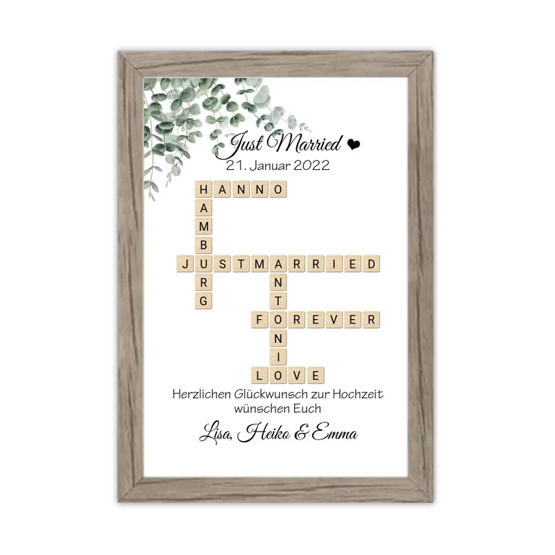 Personalisiertes Hochzeitsgeschenk im Scrabble Style mit Namen - Just Married