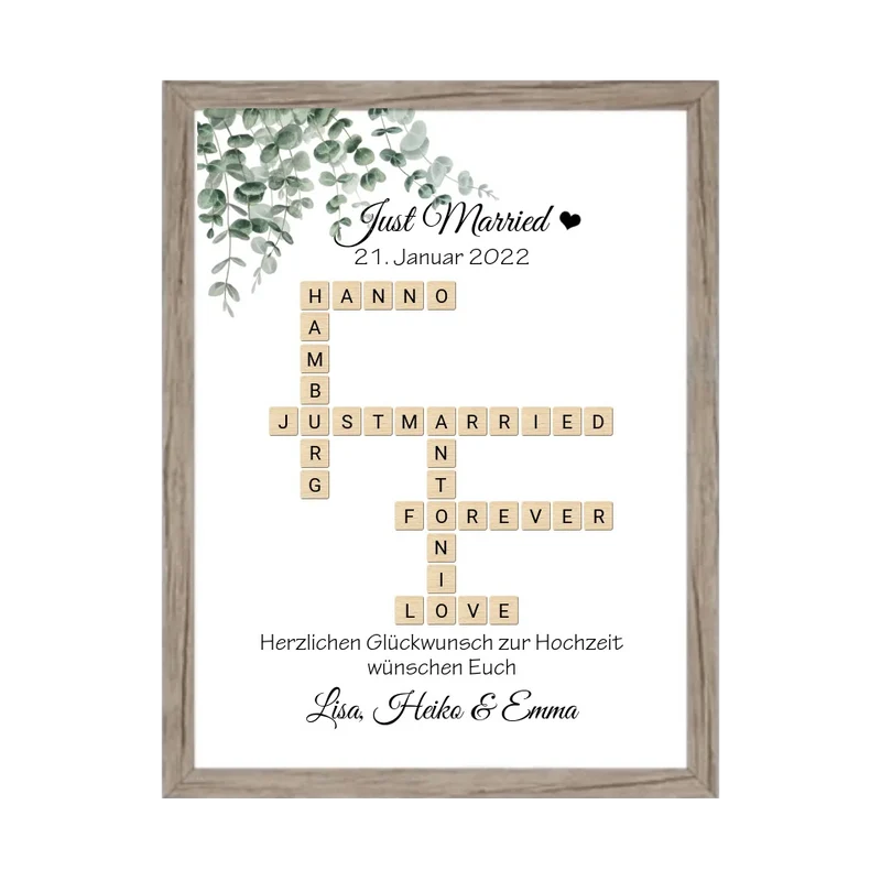 Personalisiertes Hochzeitsgeschenk im Scrabble Style mit Namen - Just Married