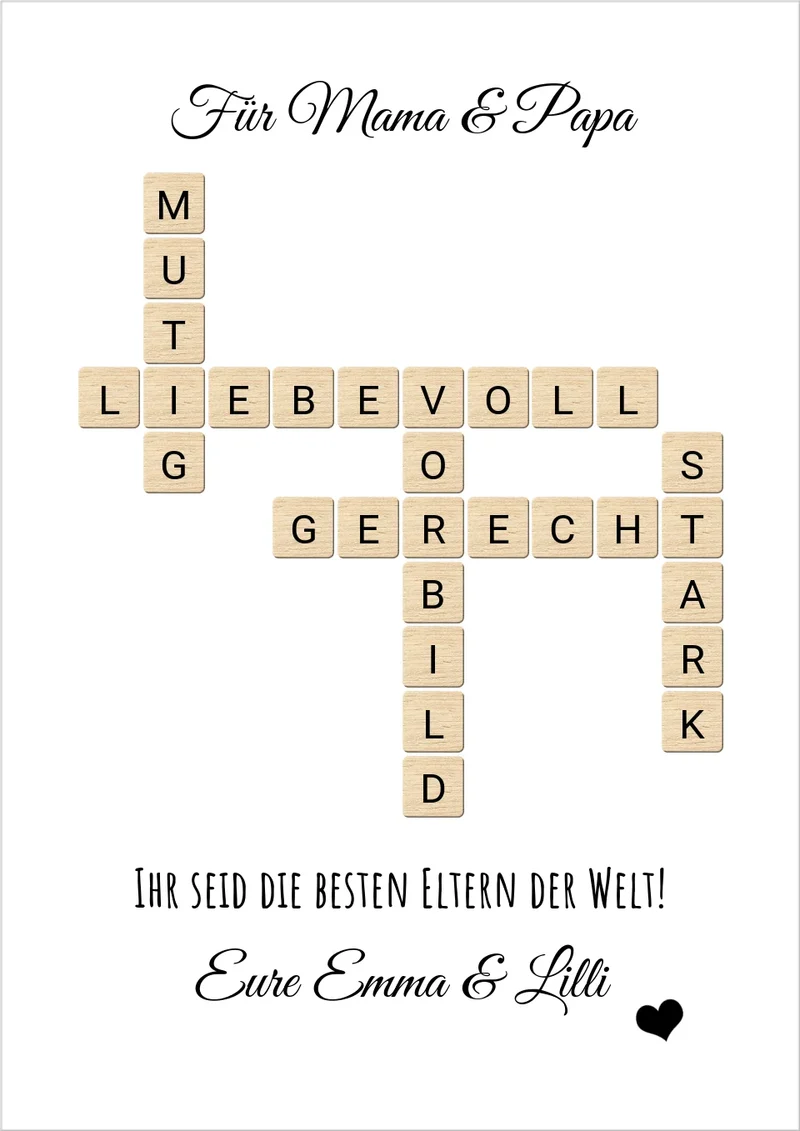Personalisiert Bild im Scrabble Style für Eltern als Geschenk zu allen Anlässen