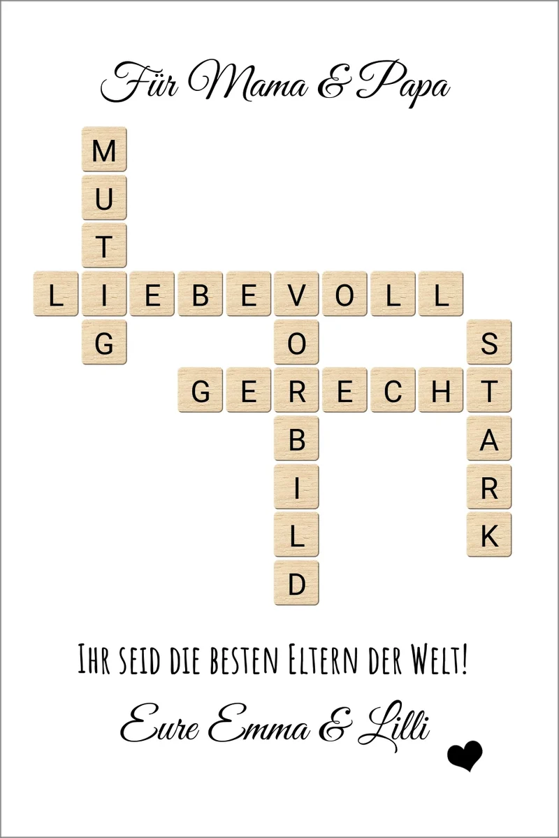 Personalisiert Bild im Scrabble Style für Eltern als Geschenk zu allen Anlässen