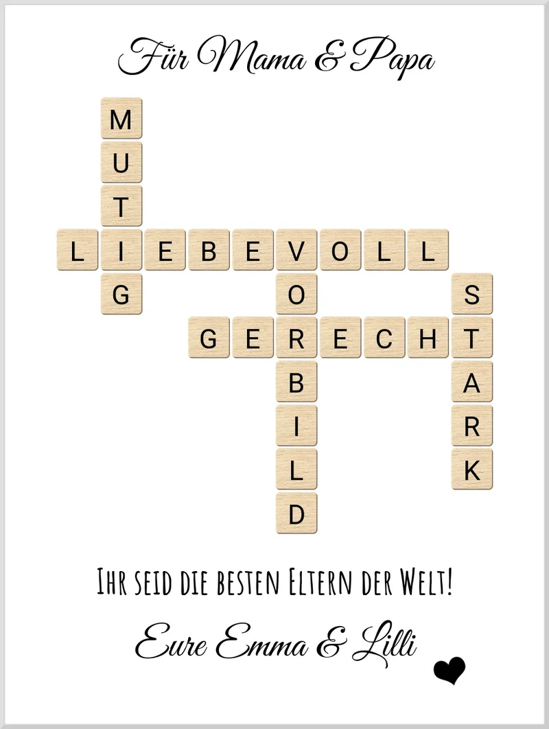 Personalisiert Bild im Scrabble Style für Eltern als Geschenk zu allen Anlässen
