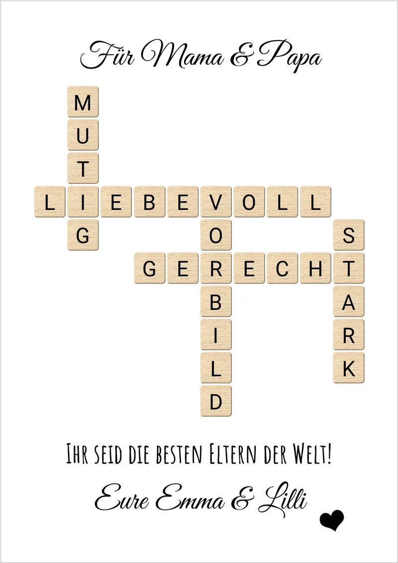 Personalisiert Bild im Scrabble Style für Eltern als Geschenk zu allen Anlässen