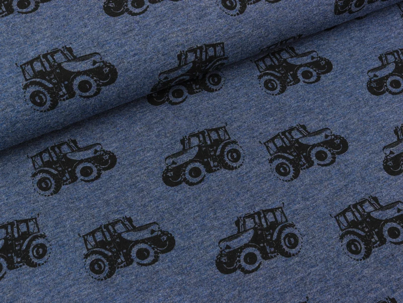 Reststück 21cm - Baumwolljersey Fritz Traktoren schwarz auf jeansblau meliert
