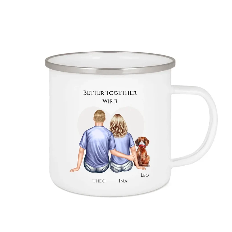 Paar mit Hund Geschenk Hundebesitzer - Emaille Tasse mit Hund - Geburtstagsgeschenk Hundebesitzer Weihnachtsgeschenk