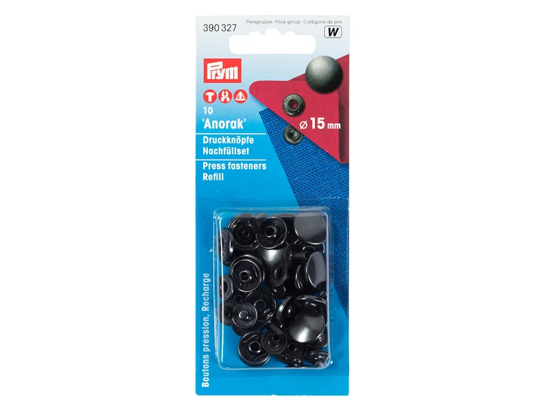 Prym 390327 Nähfrei Druckknöpfe Anorak schwarz oxidiert 15mm - 10 Stück