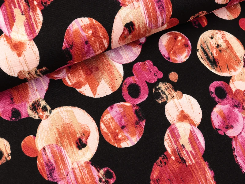 Viskosejersey Planets fuchsia-bunt auf Schwarz