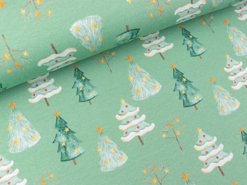 Baumwollsweat XMAS Verschneite Weihnachtsbäume auf Dusty mint