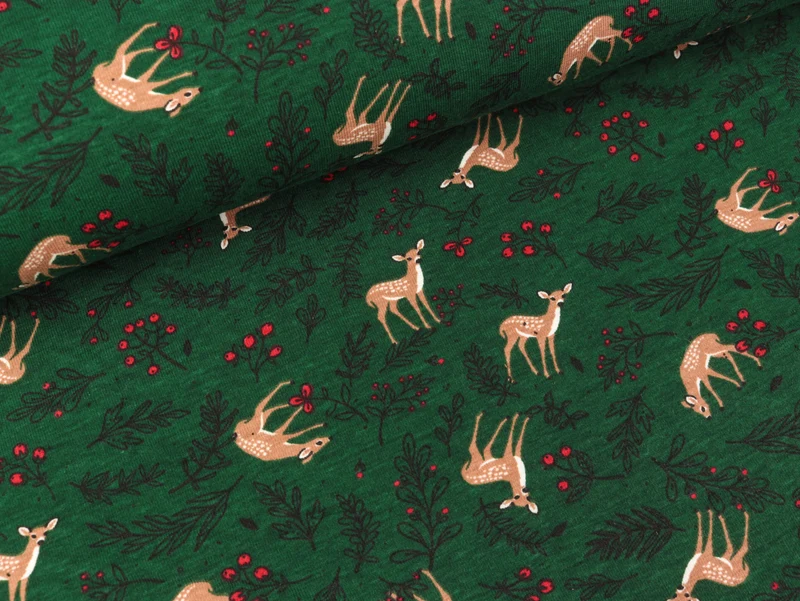 Baumwolljersey Winter Print Rehe im Wald auf Dunkelgrün