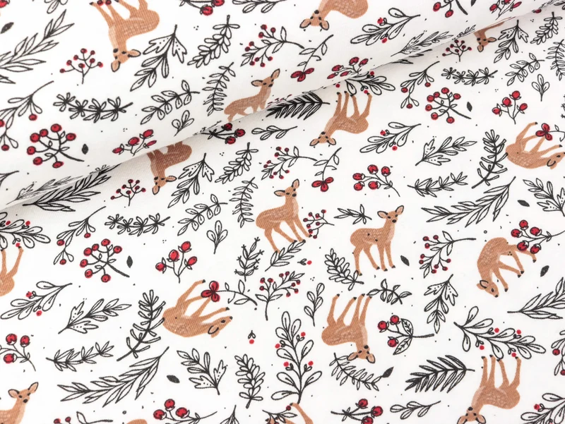 Baumwolljersey Winter Print Rehe im Wald auf Weiß