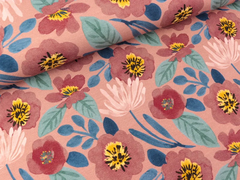 Baumwolljersey Herbstblumen bunt auf Altrosa