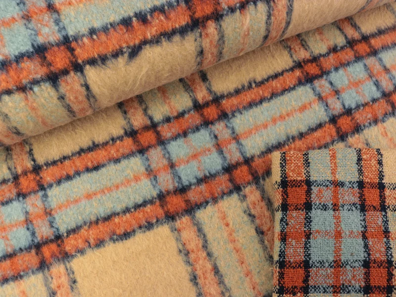 Mantel- und Jackenstoff Heavy brush Karos beige-rauchblau-navy-orange