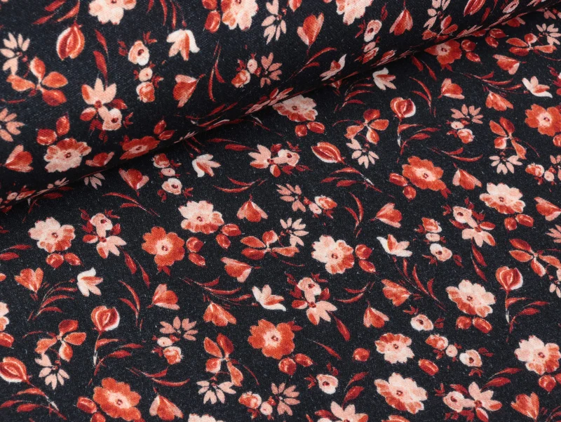 Baumwoll Double Gauze Flowers bunt auf Schwarz