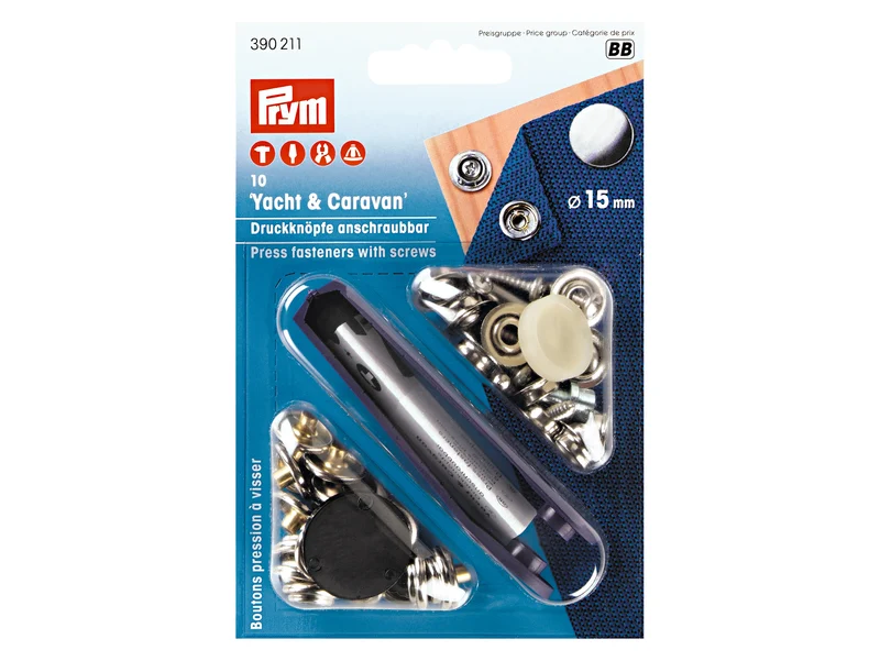 Prym 390211 Nähfrei Druckknöpfe Yacht & Caravan anschraubbar silber 15mm - 10 Stück