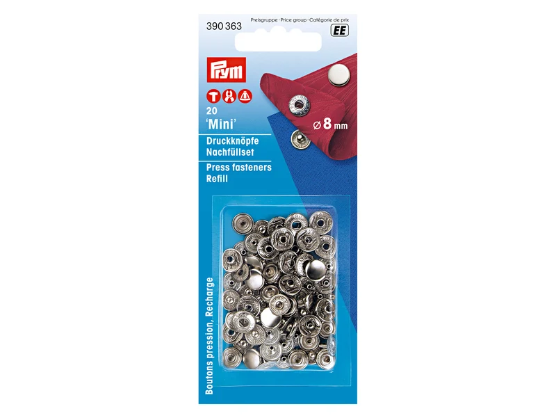 Prym 390363 Nähfrei Druckknöpfe Mini silber 8mm Nachfüllpackung - 20 Stück