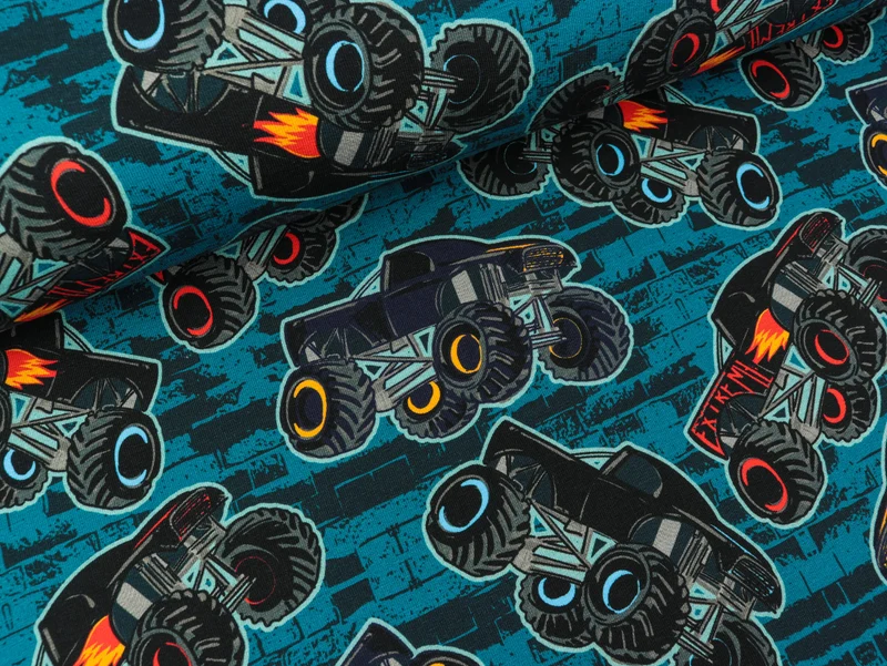 French Terry Petra Monstertrucks bunt auf Petrol