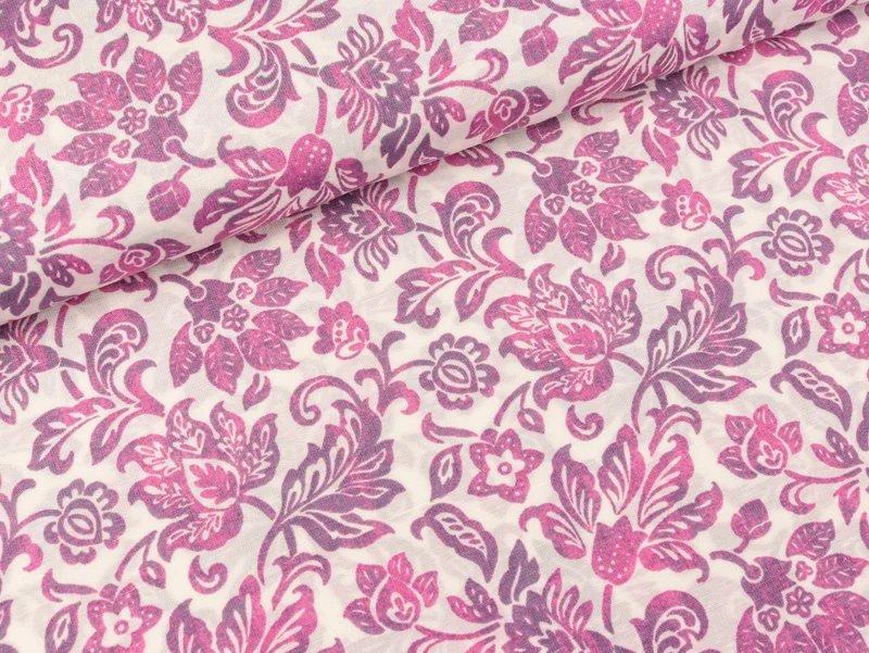 Javanaise Webware Blumenmuster lila-pink auf Weiß