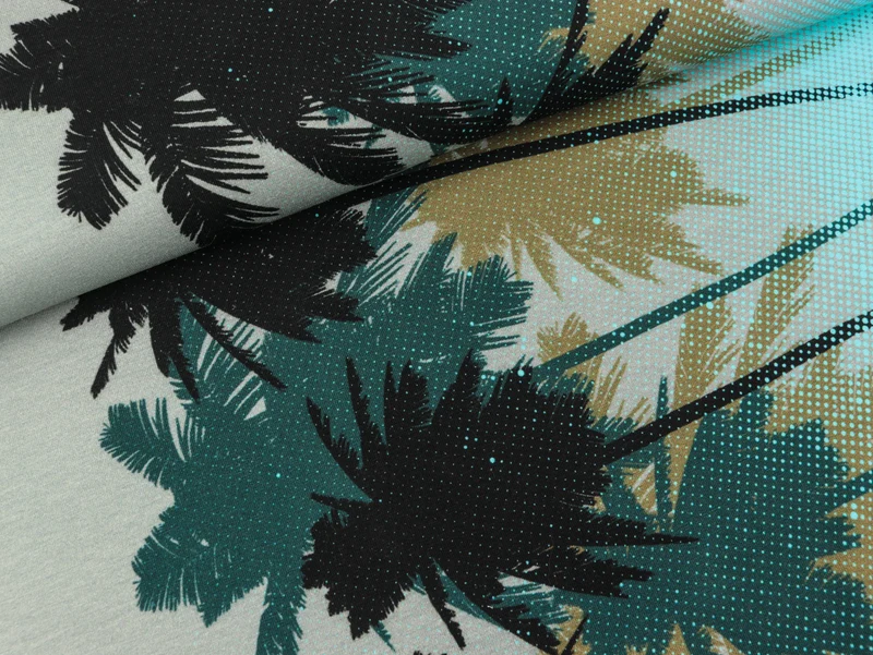 Baumwolljersey Surferhino Palmenbordüre grey-aqua by Thorsten Berger