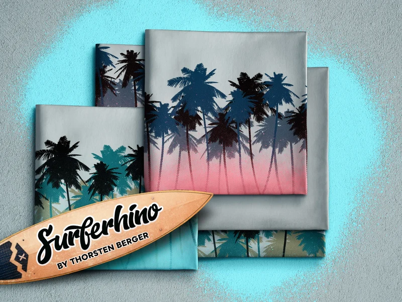 Baumwolljersey Surferhino Palmenbordüre grey-aqua by Thorsten Berger