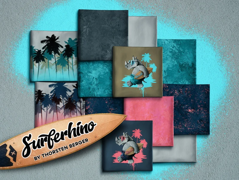 Baumwolljersey Surferhino Palmenbordüre grey-aqua by Thorsten Berger