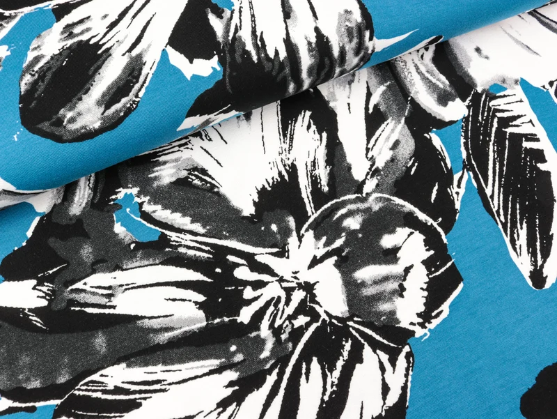 Viskosejersey Selina Große Blüten auf Blau FS22