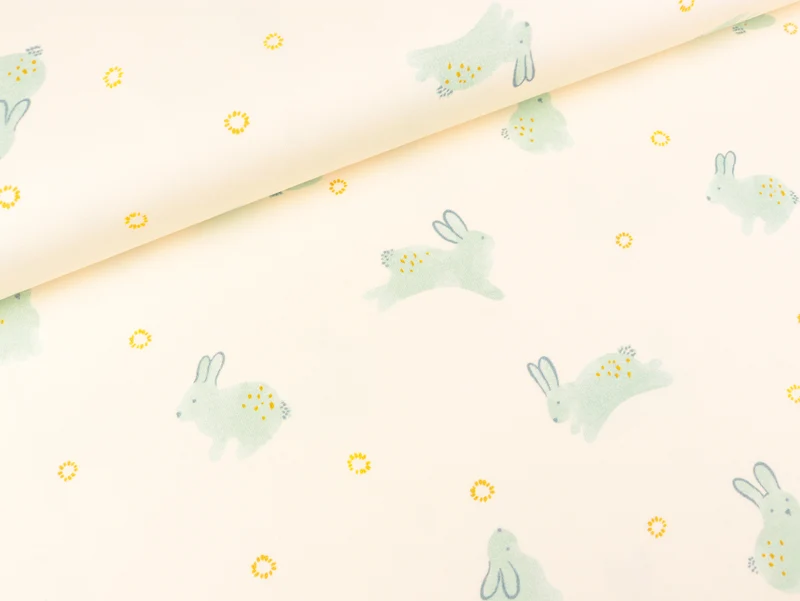 Baumwolljersey Graphic Bunny Häschen und Blümchen mint auf Creme